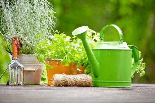 A neatly arranged outdoor garden workspace featuring various gardening tools and containers on a wooden surface. To the left, a small hand rake with a wooden handle and metal tines is placed beside a light-colored ceramic pot filled with a tall, silvery-green herb or plant. Next to it, a terracotta pot contains lush, vibrant green foliage, possibly herbs or small shrubs. In the center, a coiled natural jute twine rests on the wooden table, ready for gardening tasks. On the right, a bright green plastic watering can with a long spout and a handle is positioned prominently, suggesting active garden care. The background displays a blurred view of a lush, green outdoor environment, indicating a well-maintained garden or backyard area. The scene reflects typical gardening activities and tools, aligned with local outdoor maintenance practices in Forest Gate, within an outdoor environment suitable for planting, watering, and general landscaping. The lighting suggests a clear, possibly sunny day, emphasizing natural tones and textures in the scene.