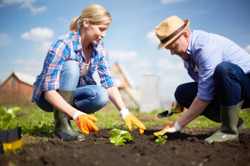 A woman and a man are gardening outdoors in a backyard, planting young green seedlings into freshly turned dark soil. The woman, with blonde hair tied back, is wearing a blue plaid shirt, jeans, and yellow gardening gloves, while the man, wearing a straw hat, light blue shirt, dark trousers, and green rubber boots, is carefully tending to the plants. Behind them, a neatly maintained lawn stretches out, bordered by a low hedge and a pathway. The sky is bright with some scattered clouds, indicating a clear and sunny day. In the background, there are residential houses and a fence, suggesting a suburban environment within Forest Gate. The scene captures a moment of outdoor gardening activity, aligning with professional landscaping and planting services offered by Landscapers Forest Gate, emphasizing garden layout, planting, and soil preparation in a typical residential garden setting.